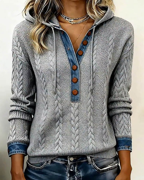 Norissea™ | Button-Front Knit Hoodie Pullover
